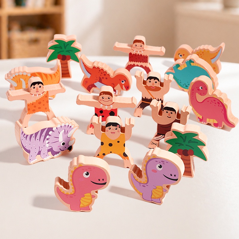 Wooden Blocks Stacking - Balok Susun Keseimbangan Dinosaurus Primitif, Mainan