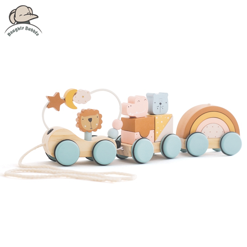 Wooden Blocks Stacking - Mainan hewan blok kereta kayu Montessori,