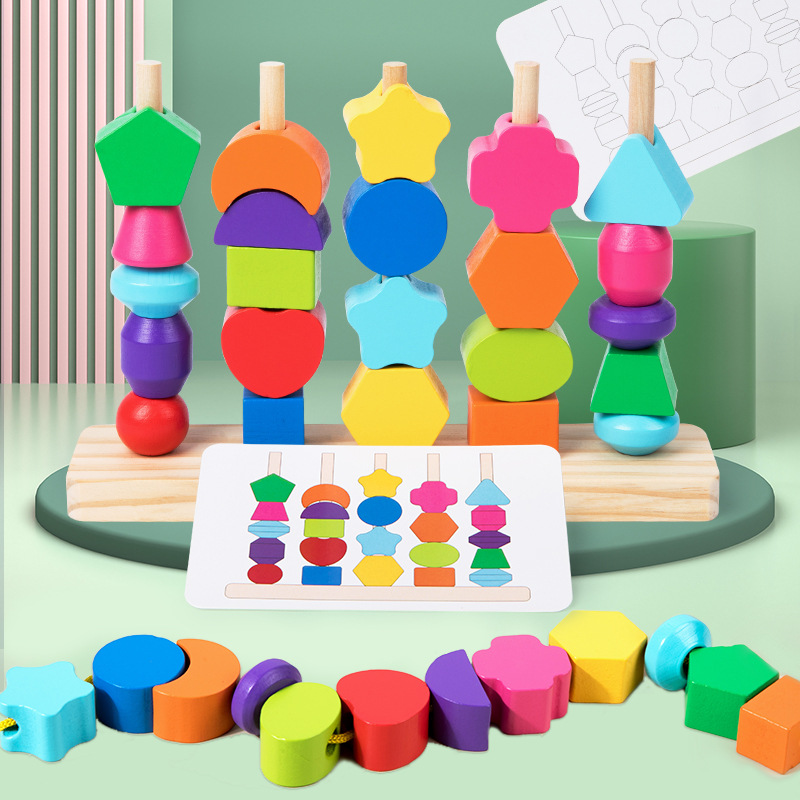Wooden Blocks Stacking - Montessori Set mainan sequensing manik-manik kayu,
